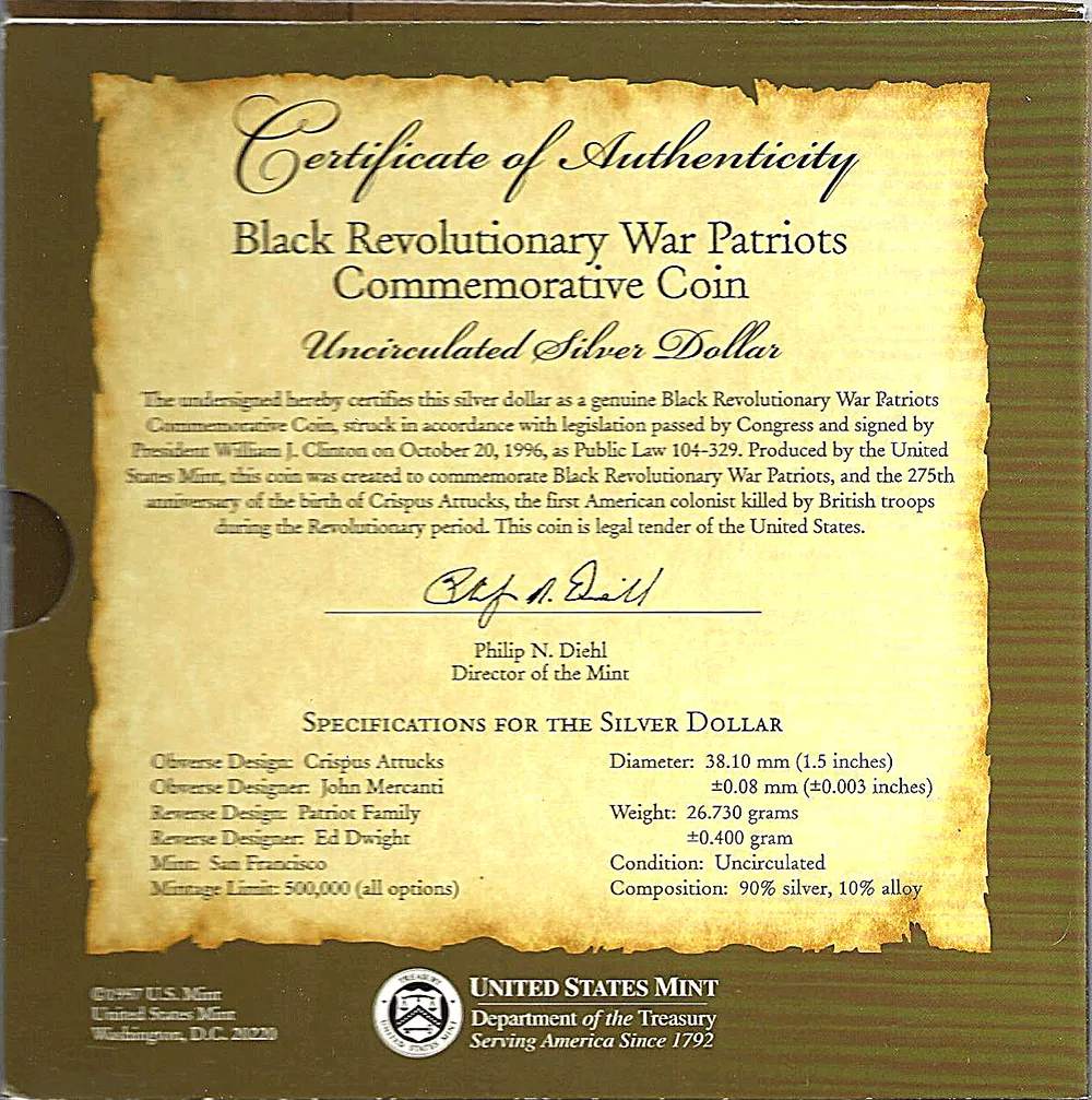 1998 Uncirculated Black Revolutionary War Patriots Commemorative Silver Dollar - Young Collector's Edition