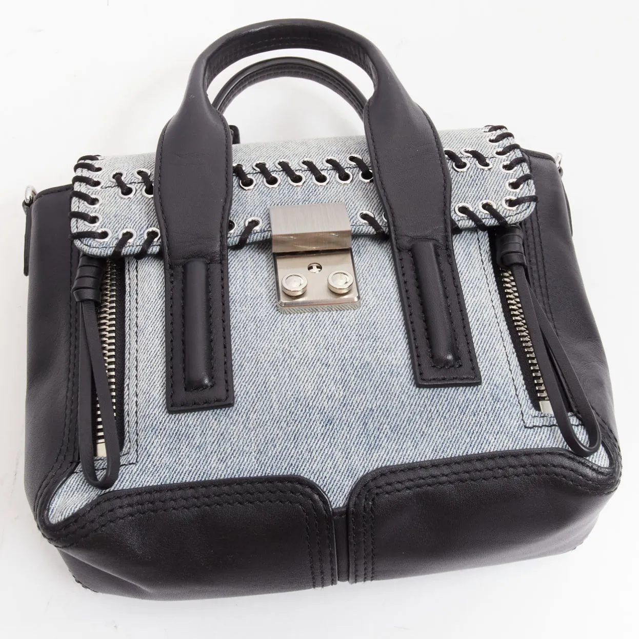 3.1 PHILLIP LIM Pashli washed blue denim whipstitch black leather crossbody bag
