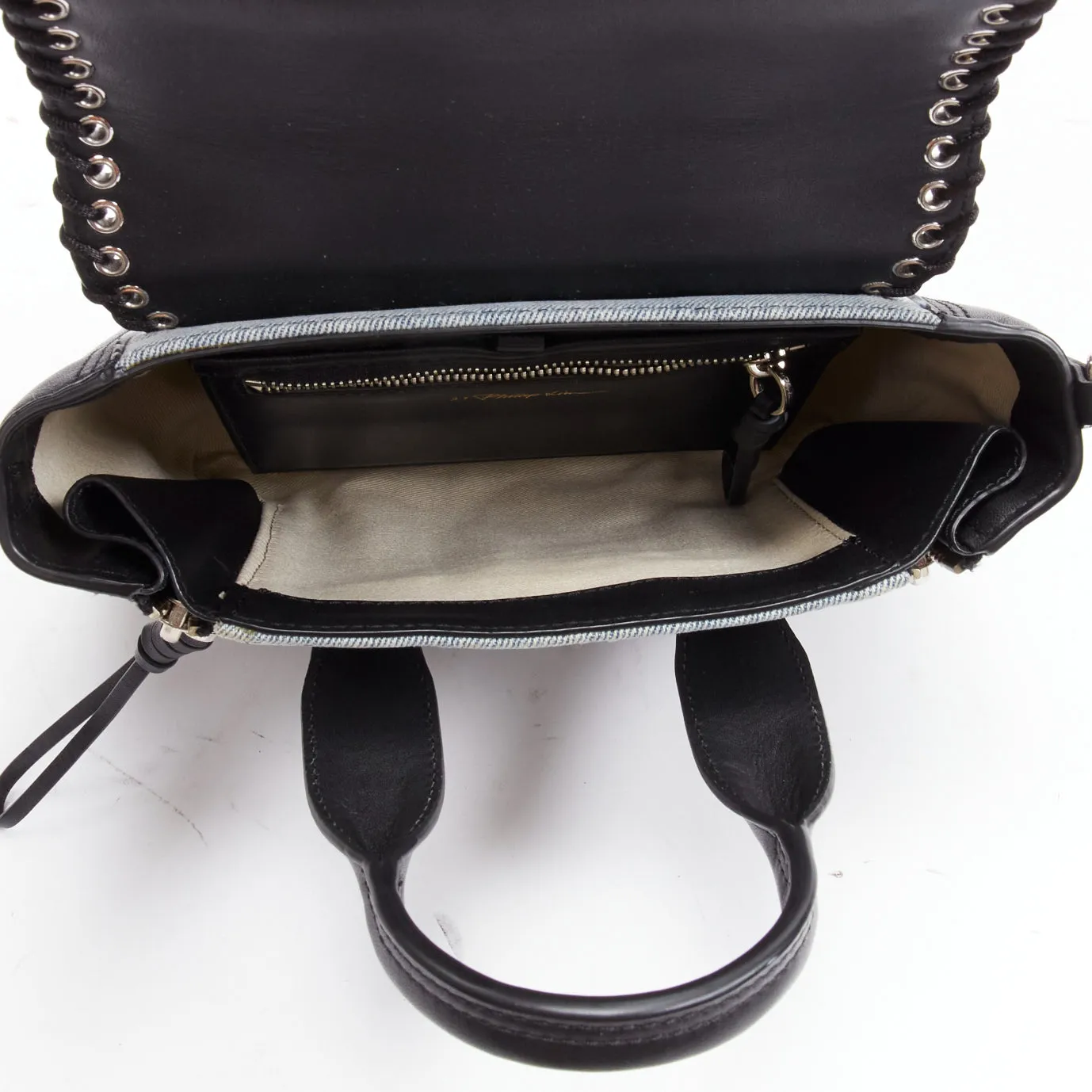 3.1 PHILLIP LIM Pashli washed blue denim whipstitch black leather crossbody bag