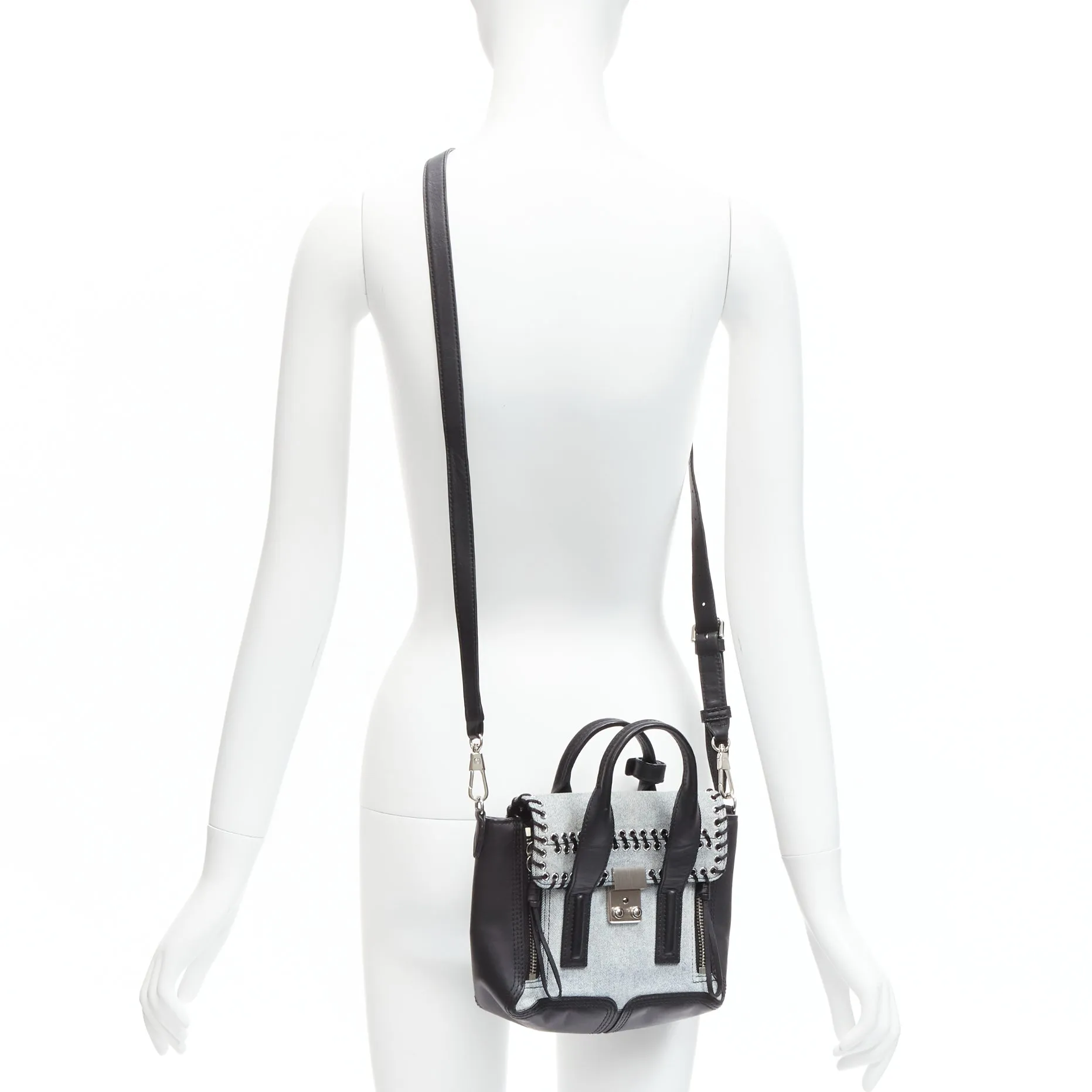 3.1 PHILLIP LIM Pashli washed blue denim whipstitch black leather crossbody bag
