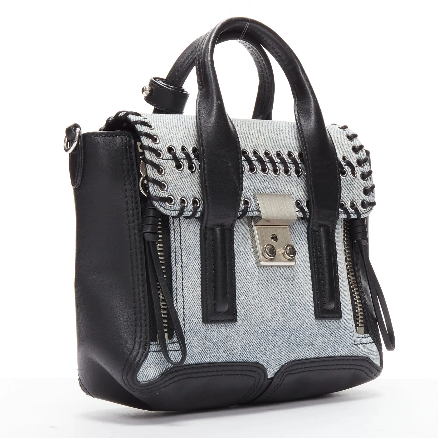 3.1 PHILLIP LIM Pashli washed blue denim whipstitch black leather crossbody bag
