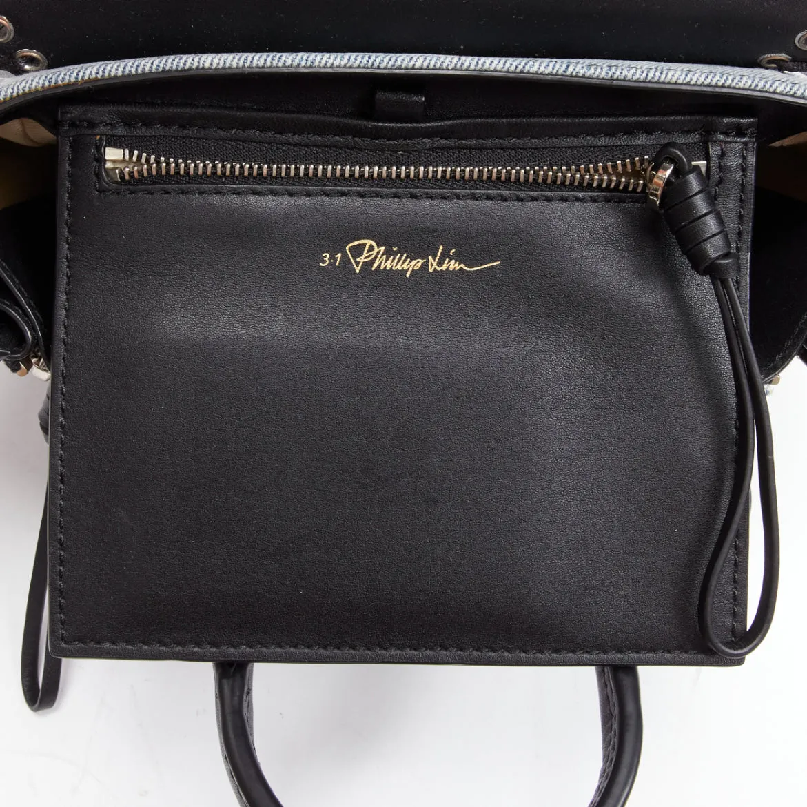 3.1 PHILLIP LIM Pashli washed blue denim whipstitch black leather crossbody bag