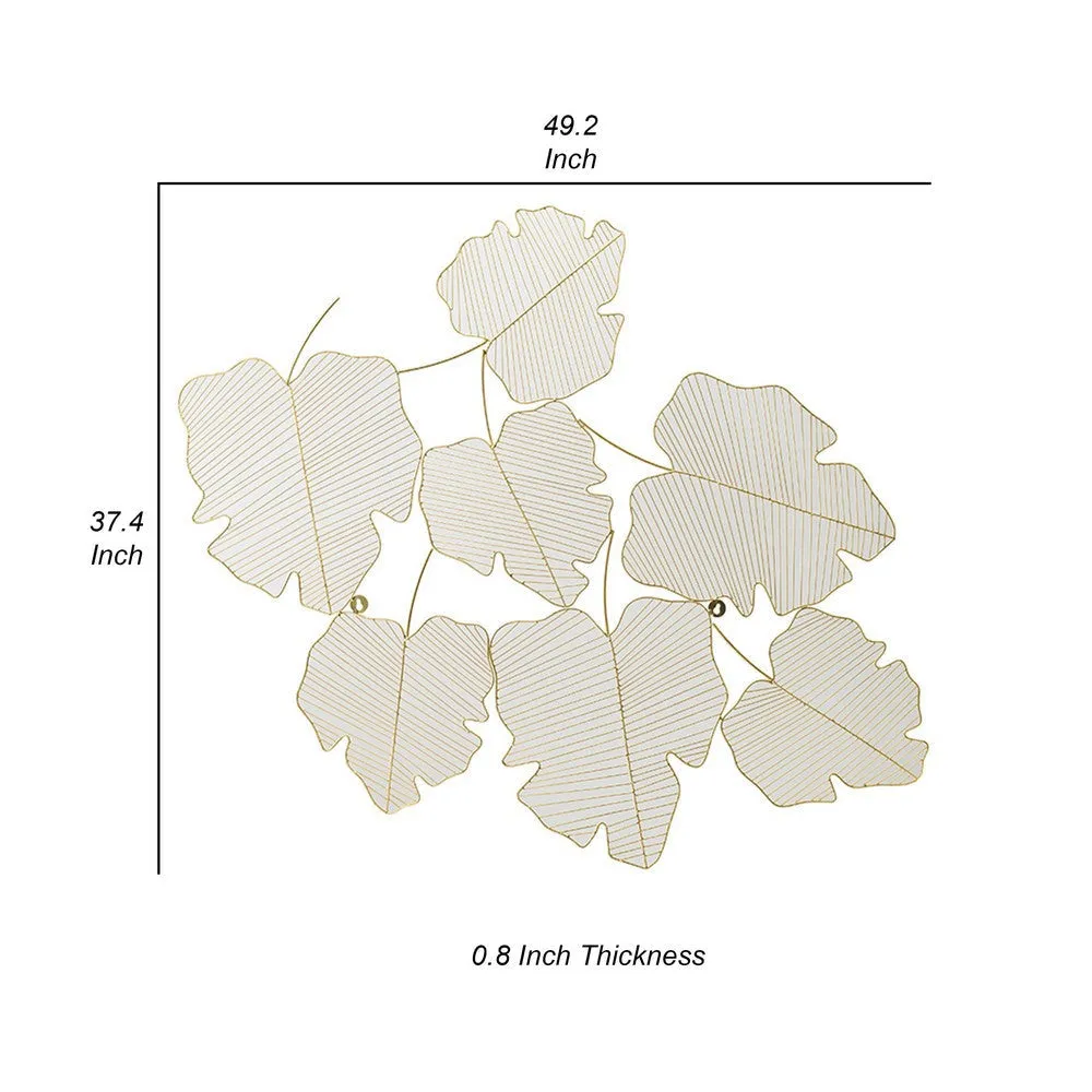 49 Inch Decorative Wall Art, Attached Leaves Design, Iron, White and Gold By Casagear Home