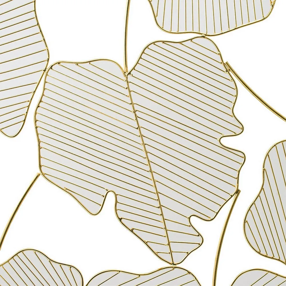 49 Inch Decorative Wall Art, Attached Leaves Design, Iron, White and Gold By Casagear Home