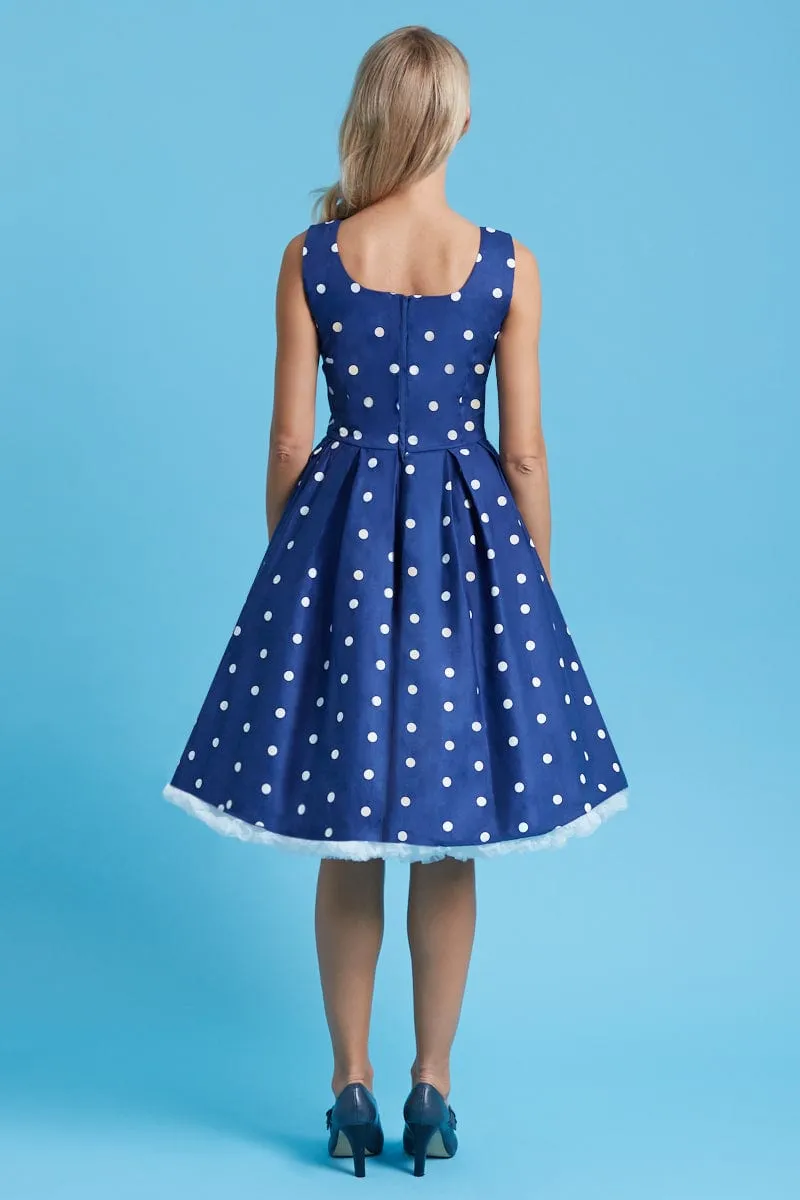 Amanda Scoop Neck Swing Dress Blue-White Polka Premium Cotton