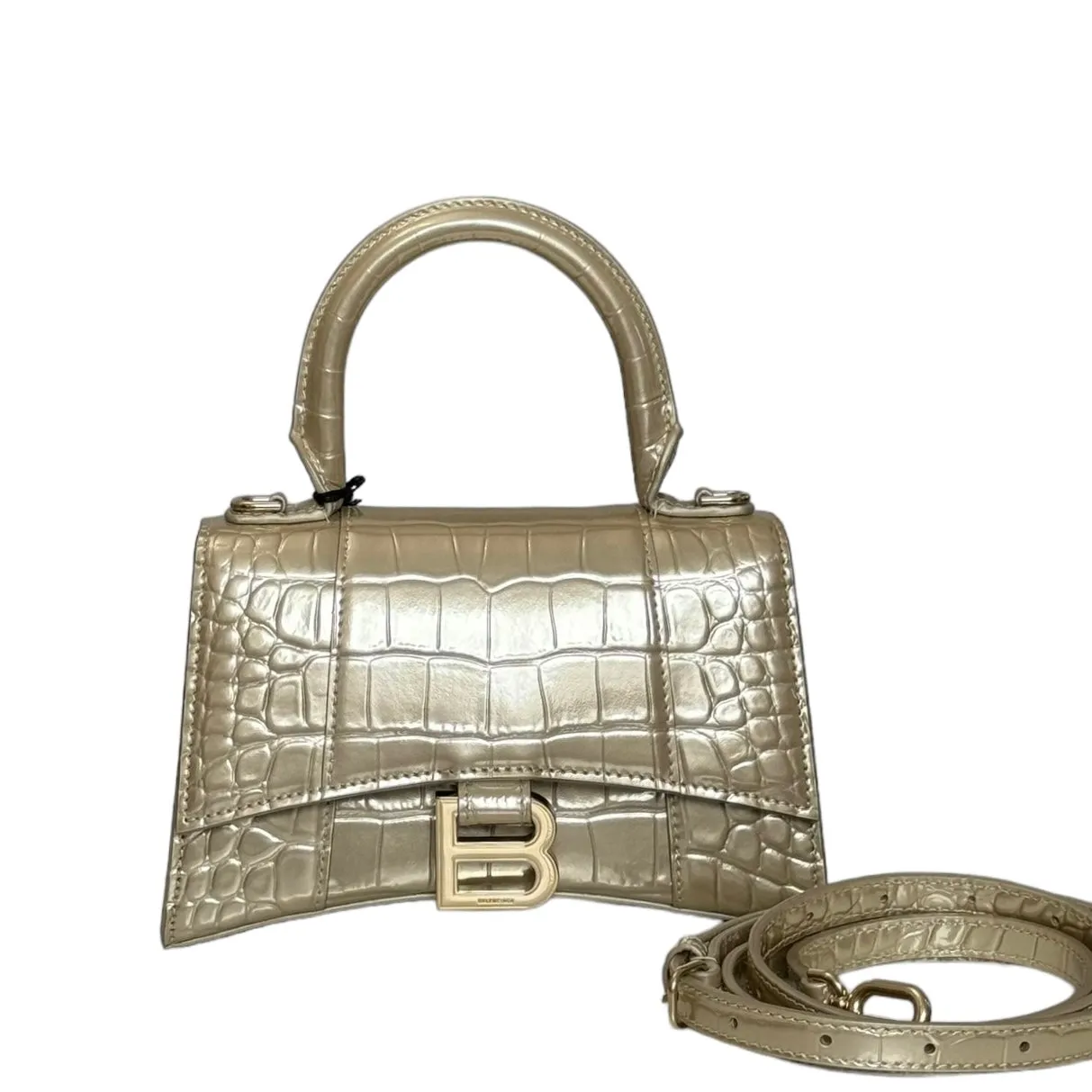 Balenciaga Hourglass XS Handbag, Gold Croc-Embossed Calfskin, Gold-tone Hardware