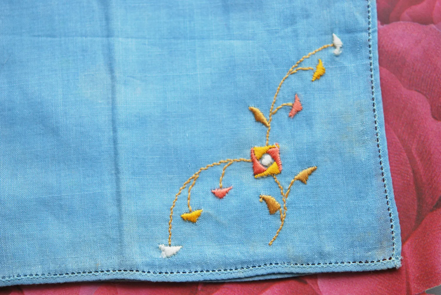 BEAUTIFUl Vintage 1930s Fine Linen French Blue Hanky Hand Embroidered Hankie Deco Flowers Something Blue