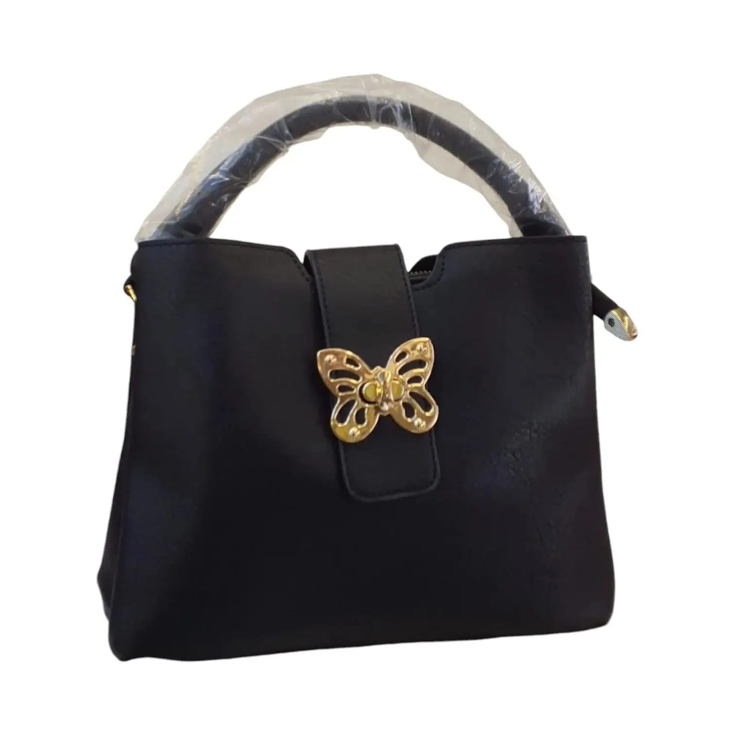 Black Butterfly Accent Leather Handbag