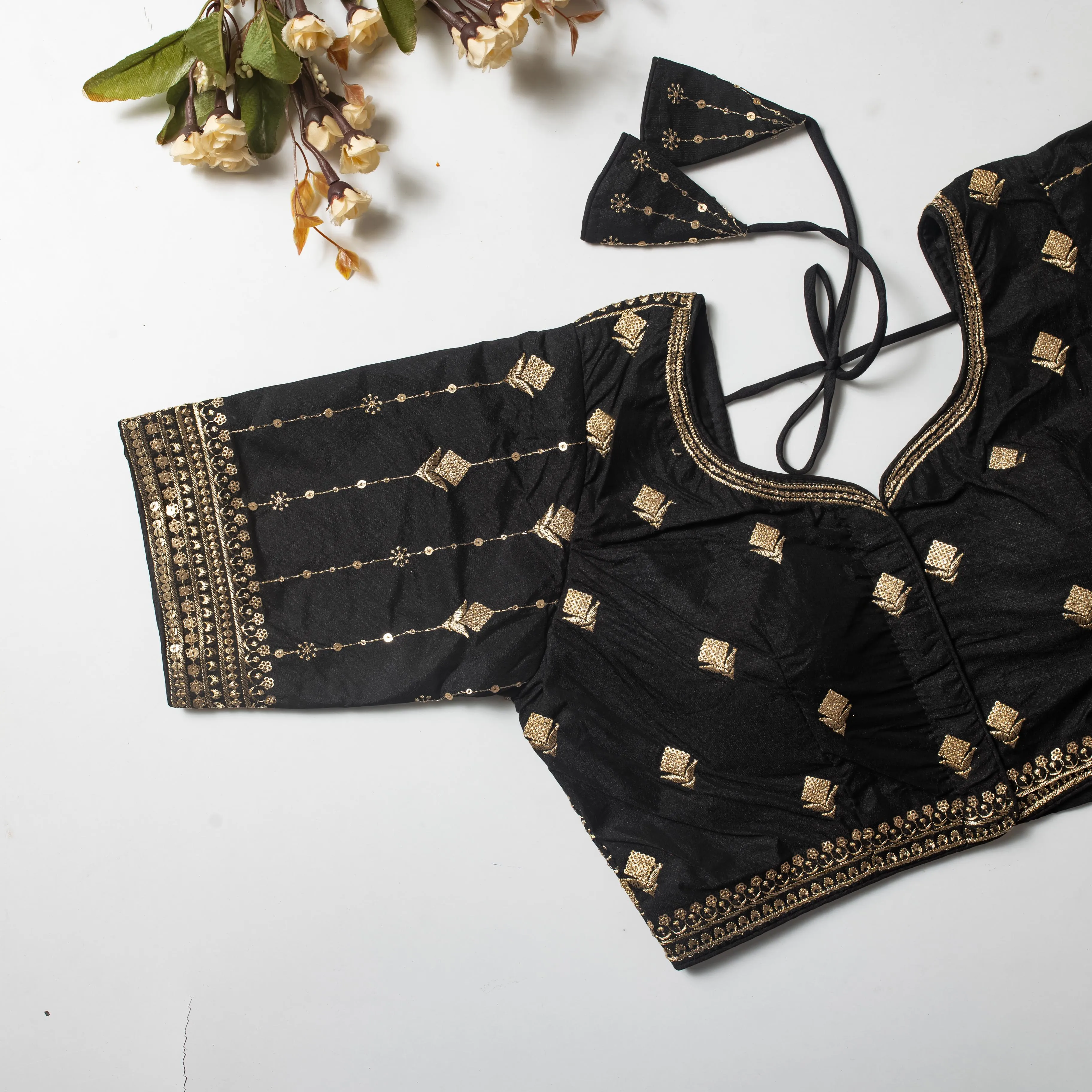 Black Golden Embroidered Vibrant Silk Blouse with Sequins