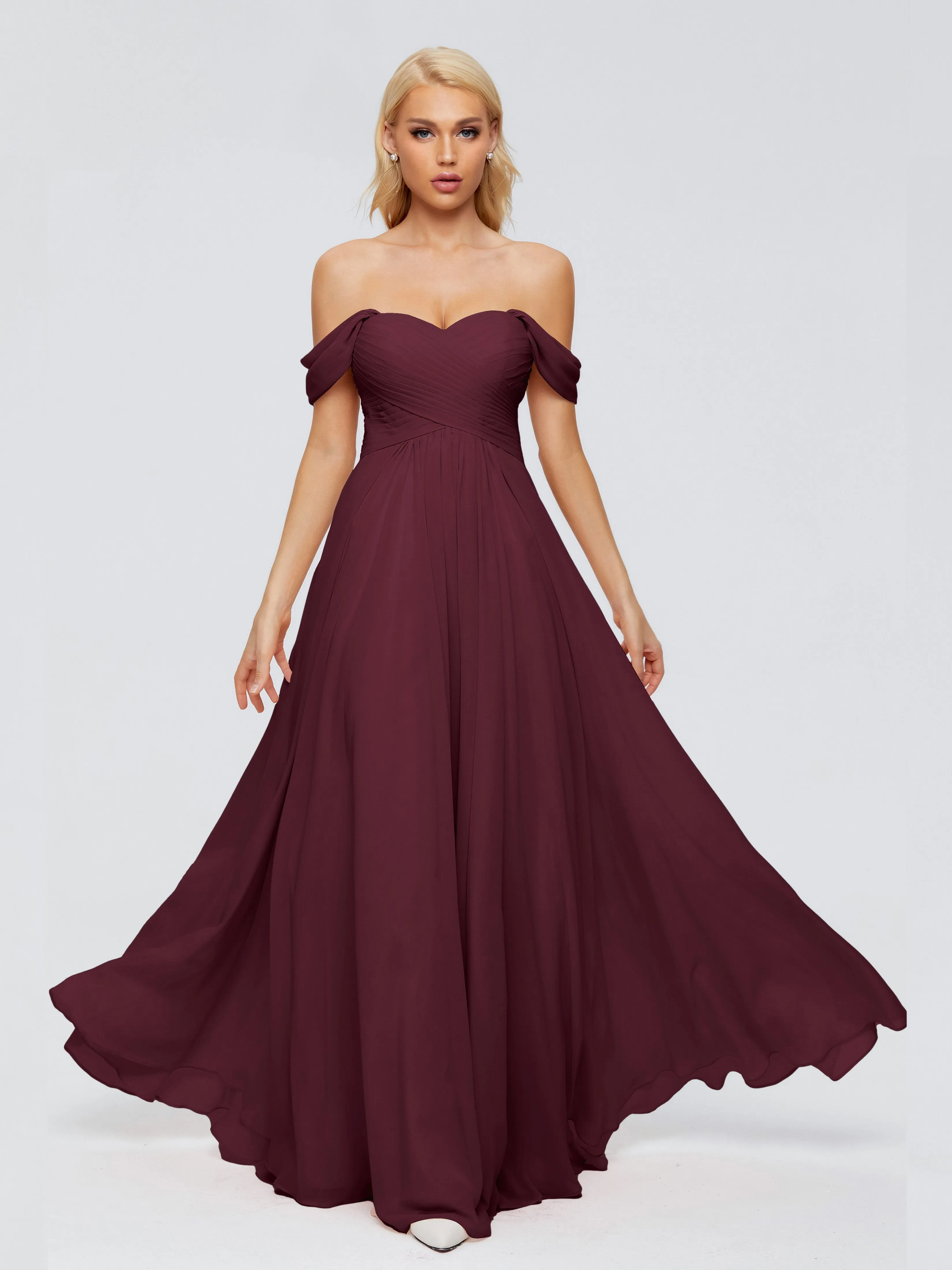Cabernet Color Bridesmaid Dress Trinity Gorgeous Off The Shoulder Long Chiffon Bridesmaid Dresses