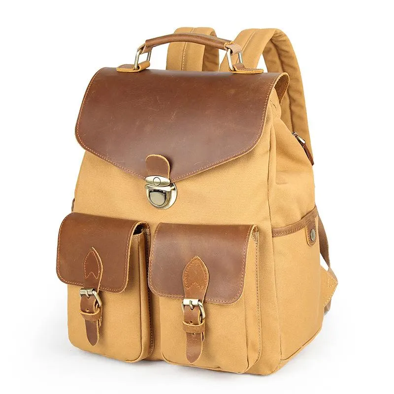 Canvas Leather Mens 14" Black Computer Backpack Green Travel Backpack Khaki College School Backpack for Men