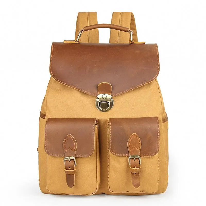 Canvas Leather Mens 14" Black Computer Backpack Green Travel Backpack Khaki College School Backpack for Men