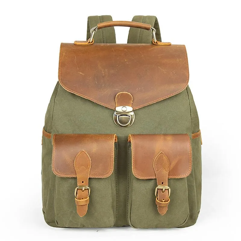 Canvas Leather Mens 14" Black Computer Backpack Green Travel Backpack Khaki College School Backpack for Men