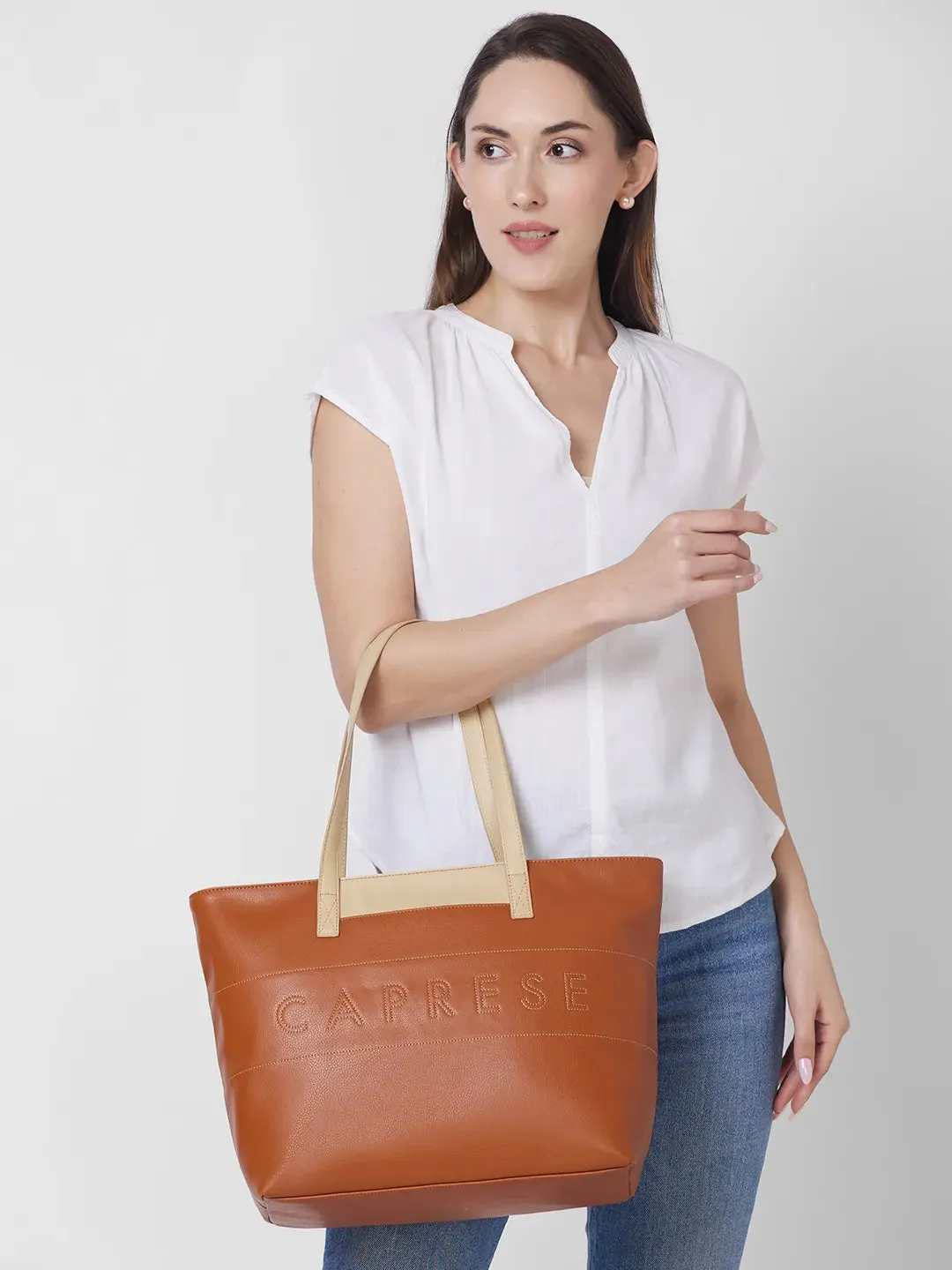 Caprese Narni Tote Medium Solid Womens Office Handbag Tan