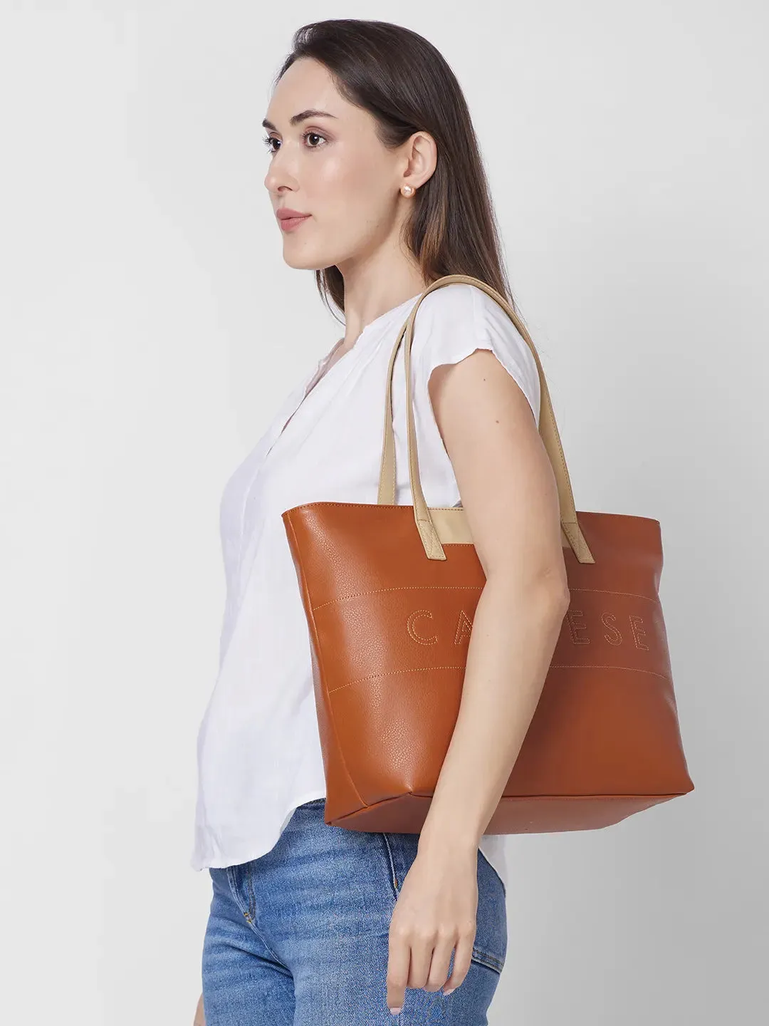 Caprese Narni Tote Medium Solid Womens Office Handbag Tan