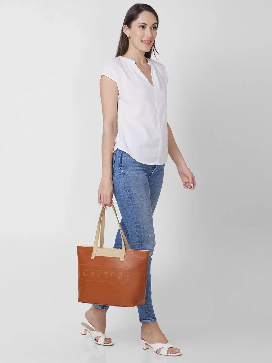 Caprese Narni Tote Medium Solid Womens Office Handbag Tan