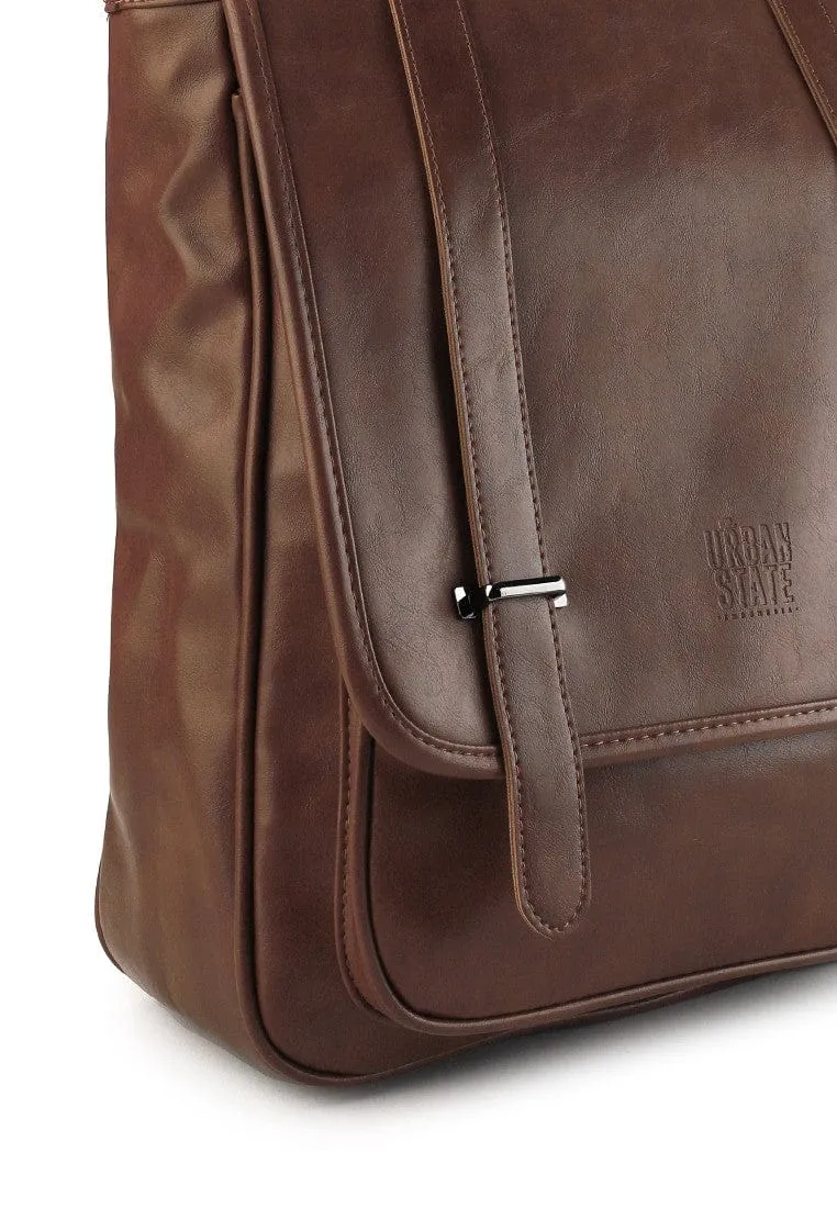Distressed Leather Commuter Messenger Backpack - Camel
