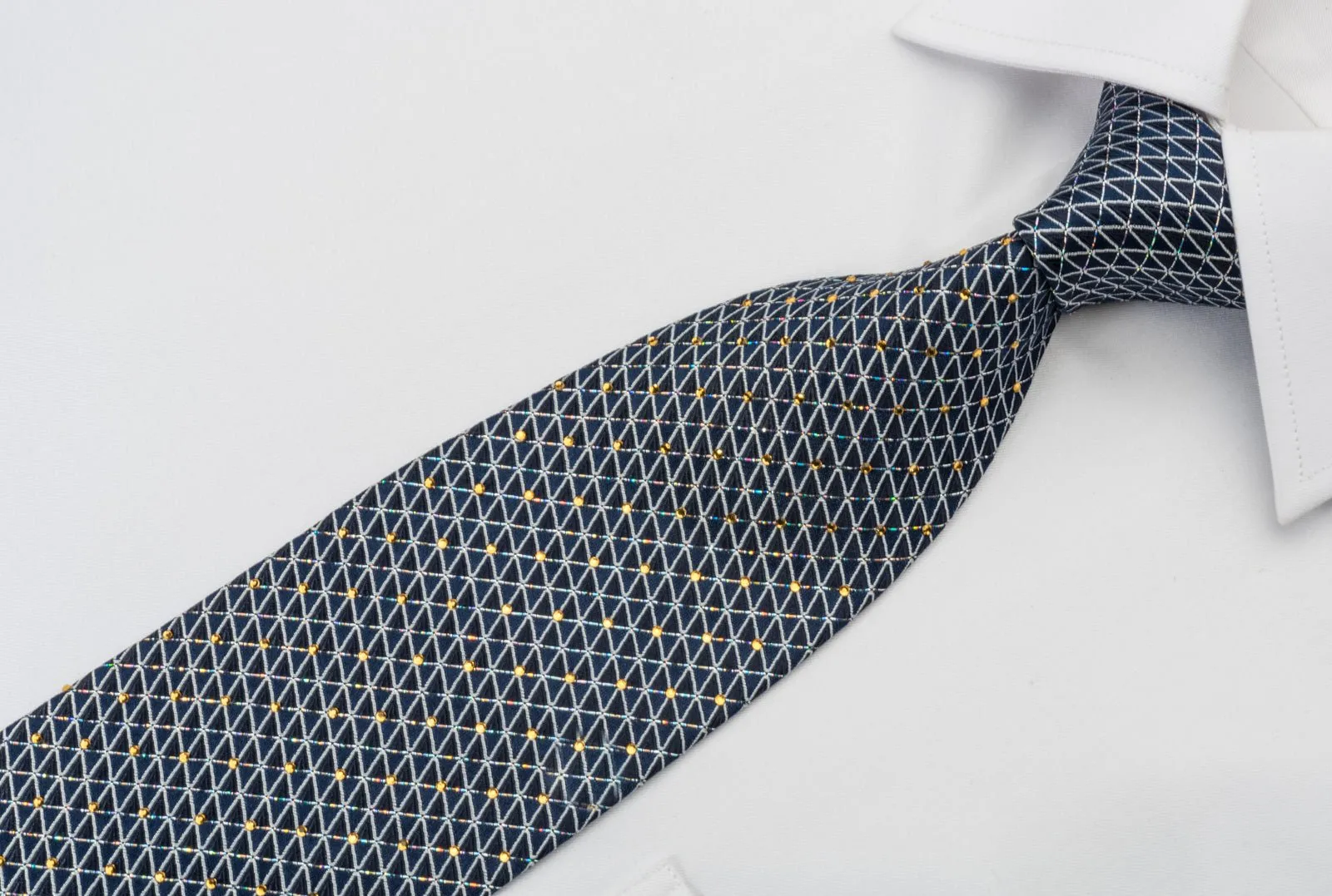 Elle Homme Rhinestone Silk Necktie Silver Trellis On Blue With Silver Sparkles