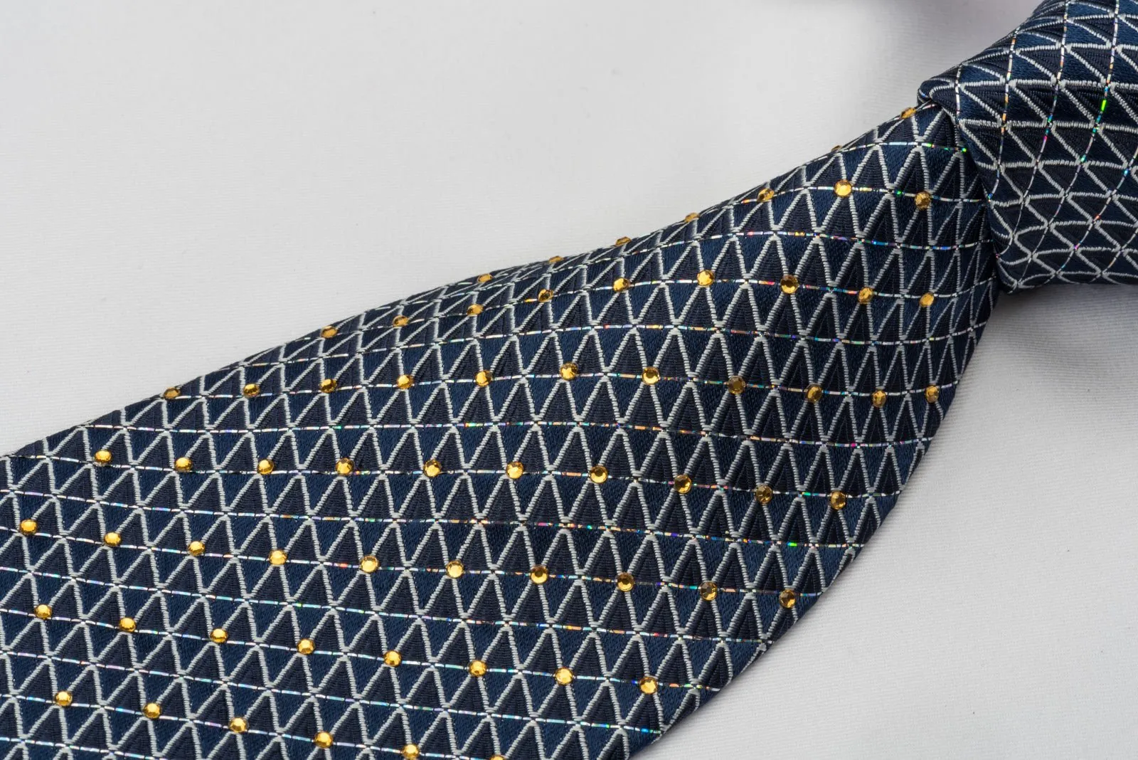 Elle Homme Rhinestone Silk Necktie Silver Trellis On Blue With Silver Sparkles