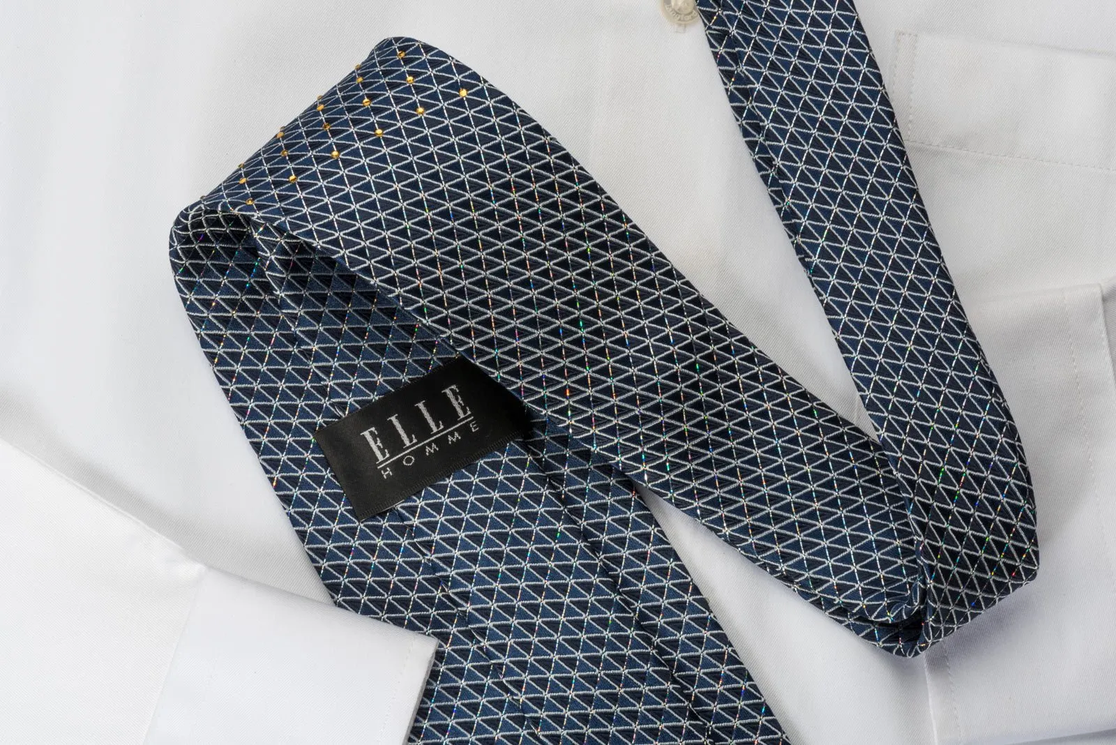 Elle Homme Rhinestone Silk Necktie Silver Trellis On Blue With Silver Sparkles