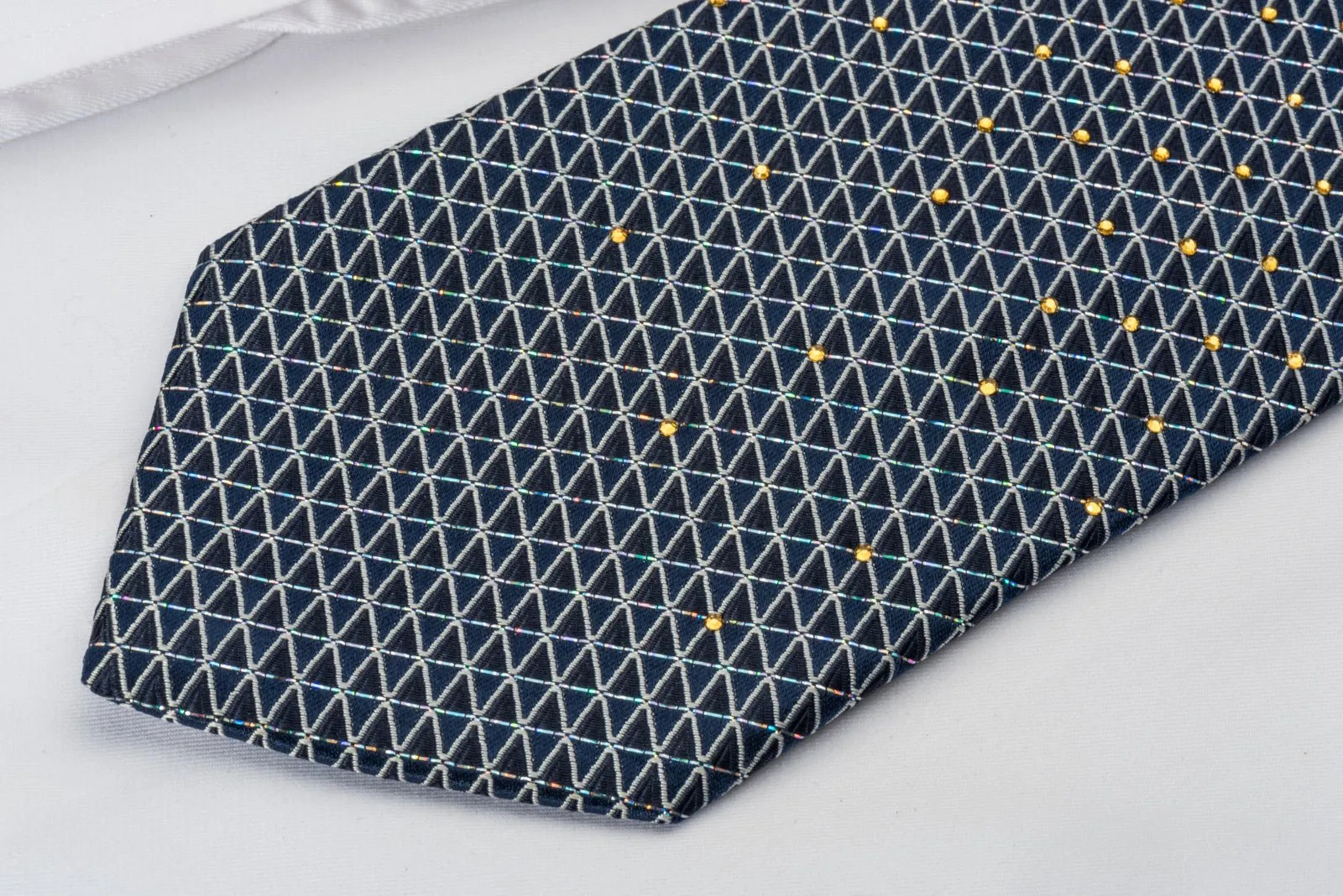Elle Homme Rhinestone Silk Necktie Silver Trellis On Blue With Silver Sparkles