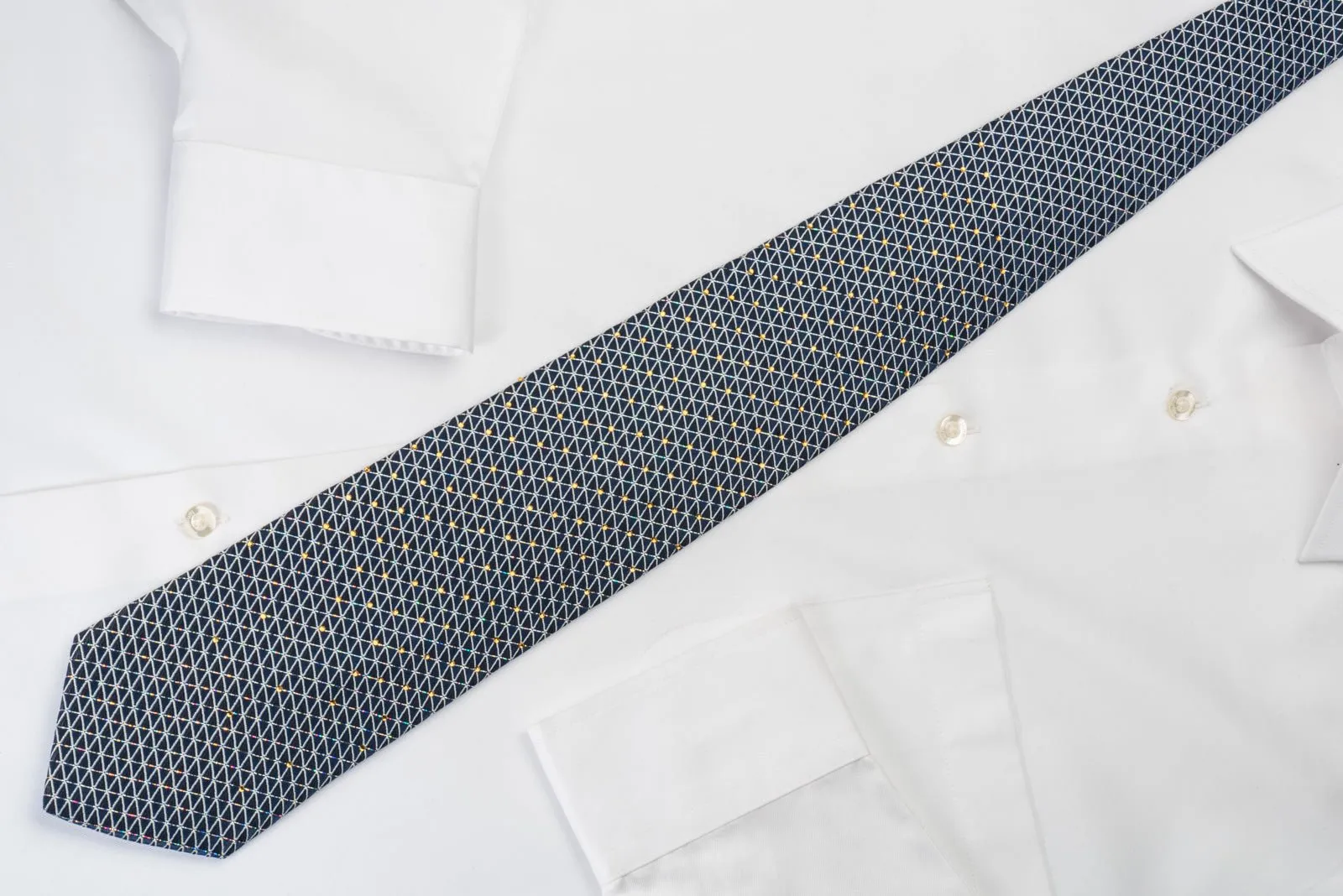 Elle Homme Rhinestone Silk Necktie Silver Trellis On Blue With Silver Sparkles