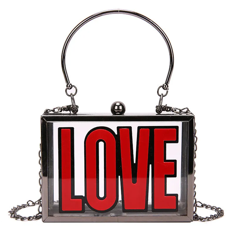 fashion letter pattern metal chain handle transparent square messenger bag 17*12*4cm