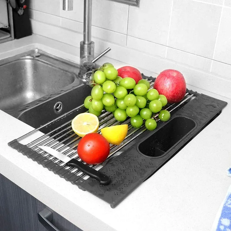 Foldable Roll Up Dish Drying Rack for Kitchen Sink Stainless Drainer