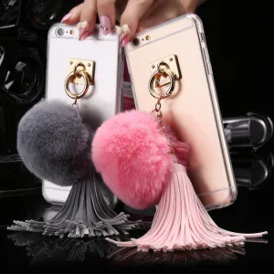 For iphone 6 6s / Plus Case Fundas Rabbit Fur Ball Tassels Metal Ring Cases Soft TPU   Hard PC Girly Coque Cover For Iphone6 I6