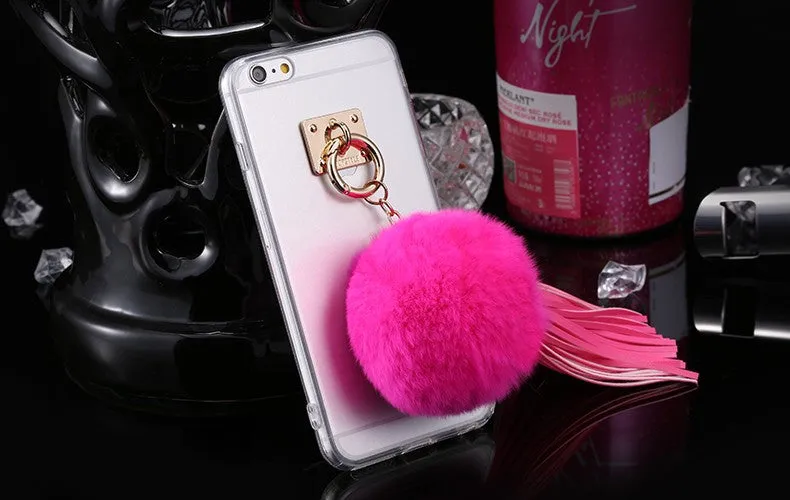 For iphone 6 6s / Plus Case Fundas Rabbit Fur Ball Tassels Metal Ring Cases Soft TPU   Hard PC Girly Coque Cover For Iphone6 I6