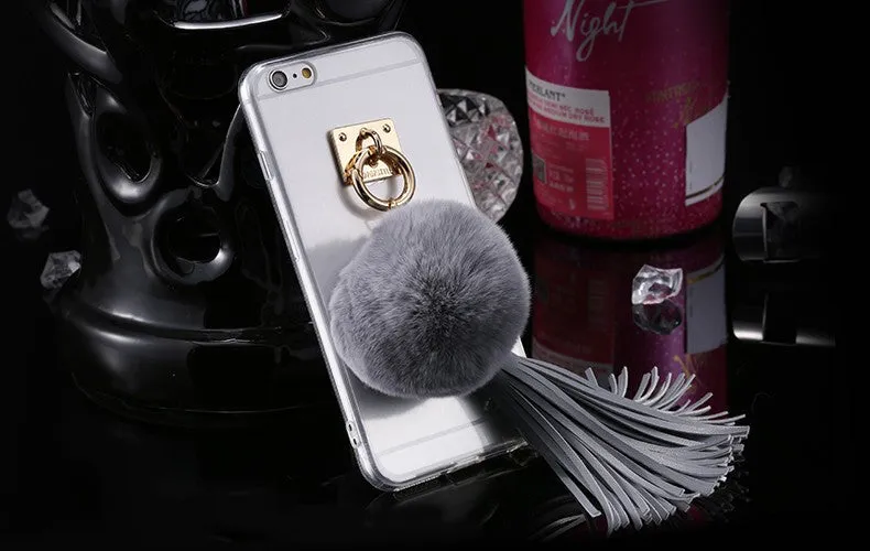 For iphone 6 6s / Plus Case Fundas Rabbit Fur Ball Tassels Metal Ring Cases Soft TPU   Hard PC Girly Coque Cover For Iphone6 I6