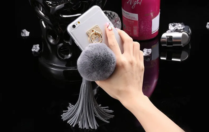 For iphone 6 6s / Plus Case Fundas Rabbit Fur Ball Tassels Metal Ring Cases Soft TPU   Hard PC Girly Coque Cover For Iphone6 I6