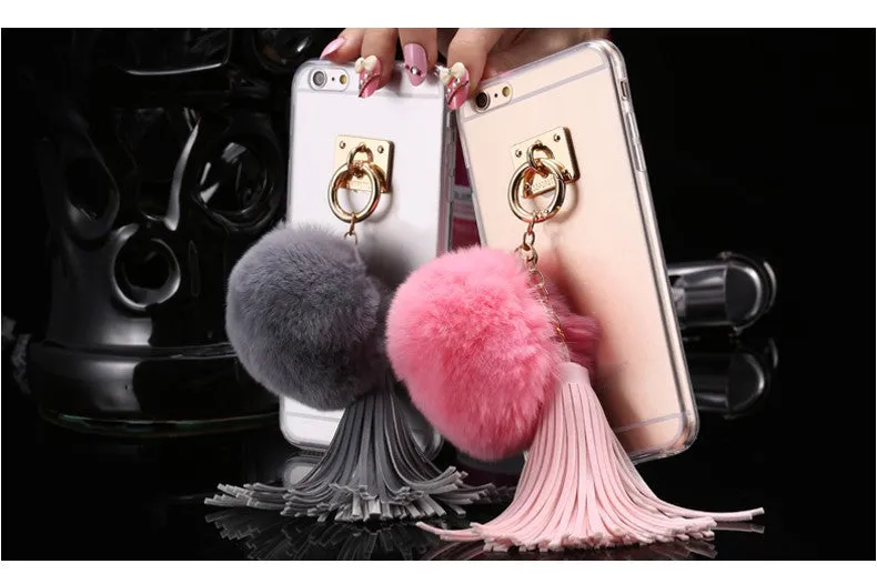 For iphone 6 6s / Plus Case Fundas Rabbit Fur Ball Tassels Metal Ring Cases Soft TPU   Hard PC Girly Coque Cover For Iphone6 I6