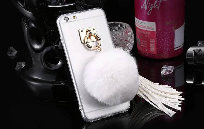 For iphone 6 6s / Plus Case Fundas Rabbit Fur Ball Tassels Metal Ring Cases Soft TPU   Hard PC Girly Coque Cover For Iphone6 I6