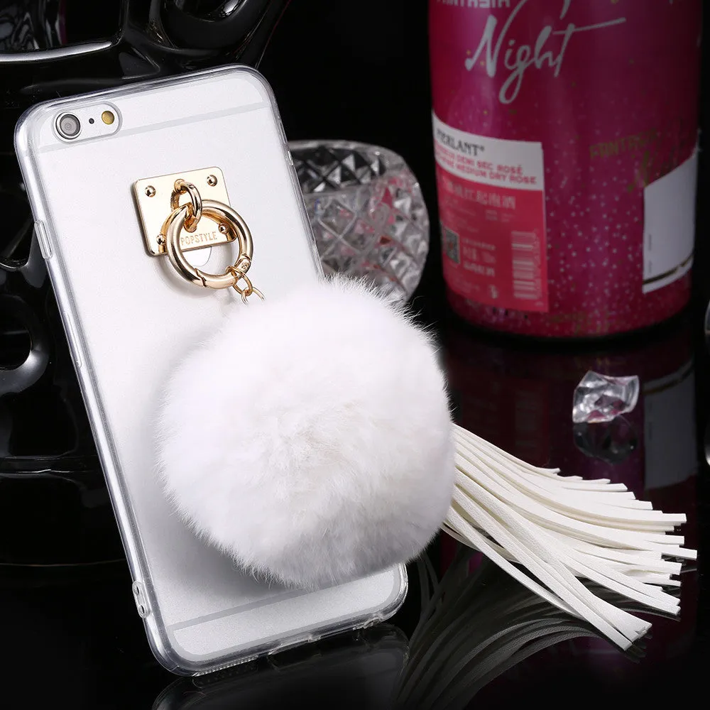 For iphone 6 6s / Plus Case Fundas Rabbit Fur Ball Tassels Metal Ring Cases Soft TPU   Hard PC Girly Coque Cover For Iphone6 I6