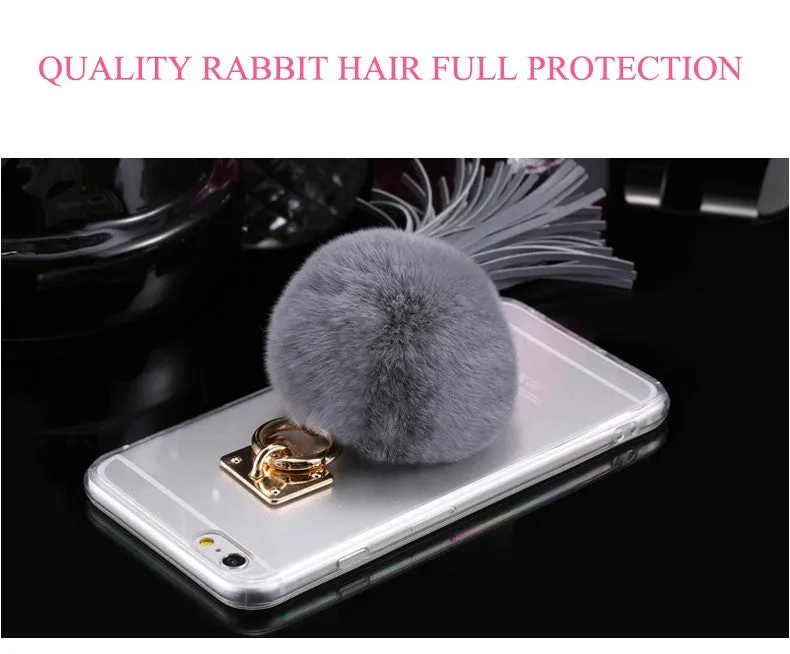 For iphone 6 6s / Plus Case Fundas Rabbit Fur Ball Tassels Metal Ring Cases Soft TPU   Hard PC Girly Coque Cover For Iphone6 I6