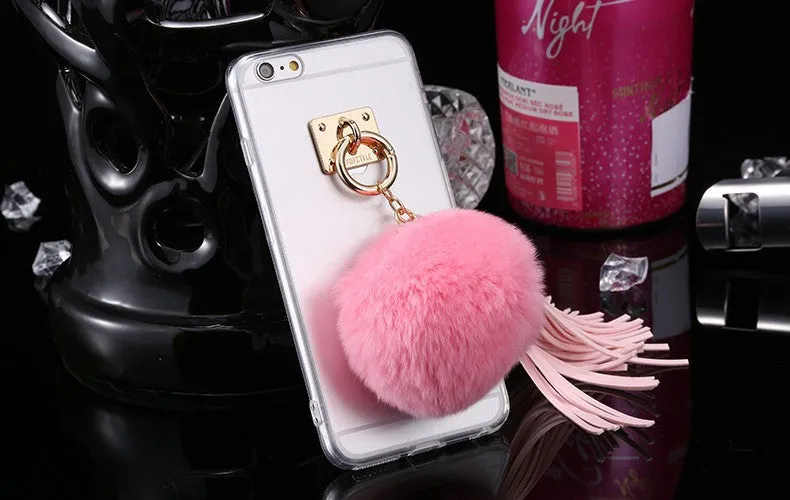 For iphone 6 6s / Plus Case Fundas Rabbit Fur Ball Tassels Metal Ring Cases Soft TPU   Hard PC Girly Coque Cover For Iphone6 I6