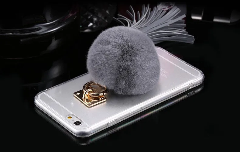 For iphone 6 6s / Plus Case Fundas Rabbit Fur Ball Tassels Metal Ring Cases Soft TPU   Hard PC Girly Coque Cover For Iphone6 I6