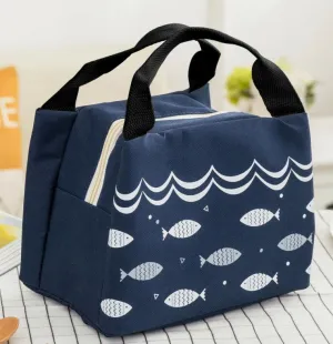 G208 Navy Blue Fish Design Insulated Lunch Tote with Zipper Closure