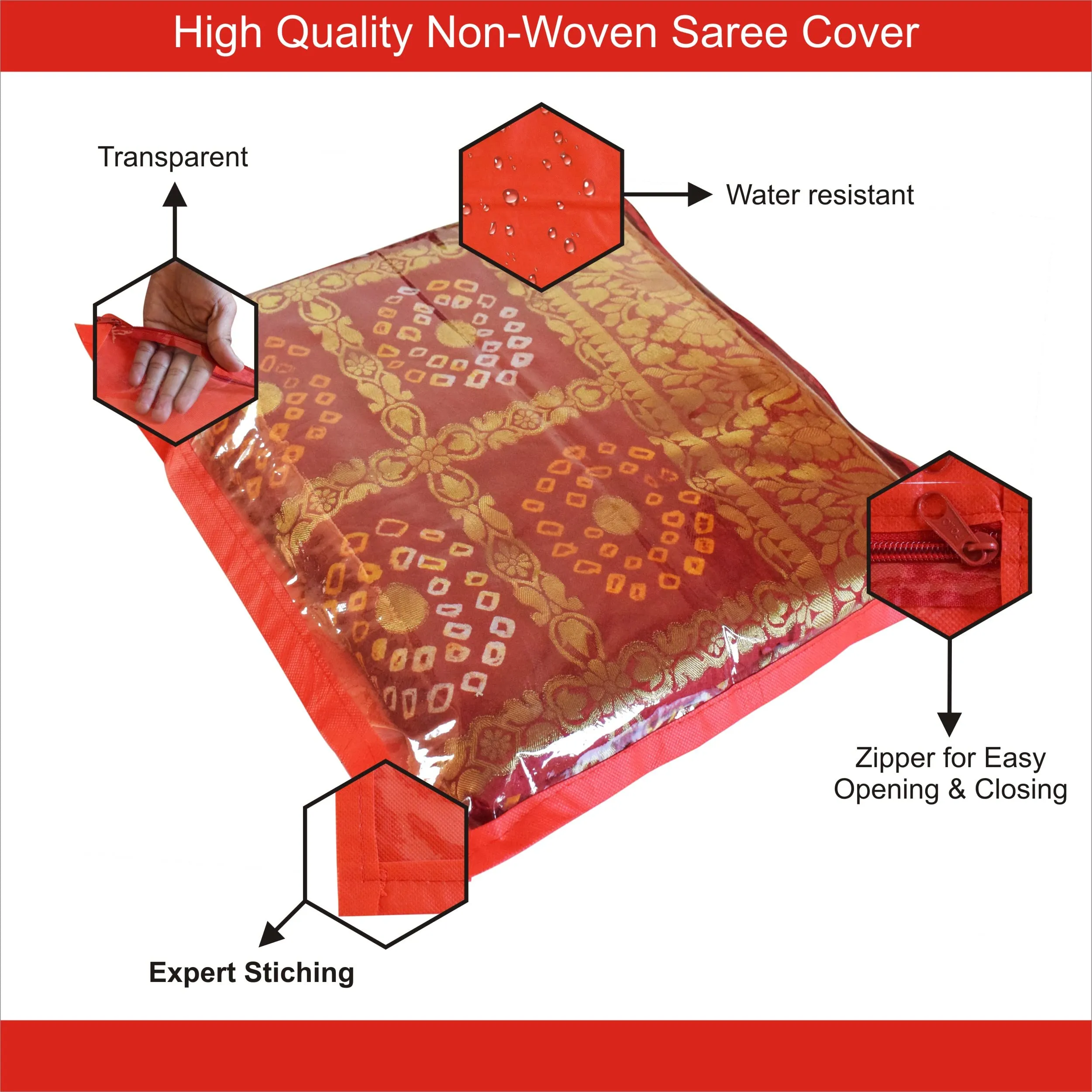 Homestic Foldable Single saree covers with Zip|Saree Storage Bags|Clothes Organiser for wardrobe Pack of 12|Transparent Top With Premium Zipper|Red|