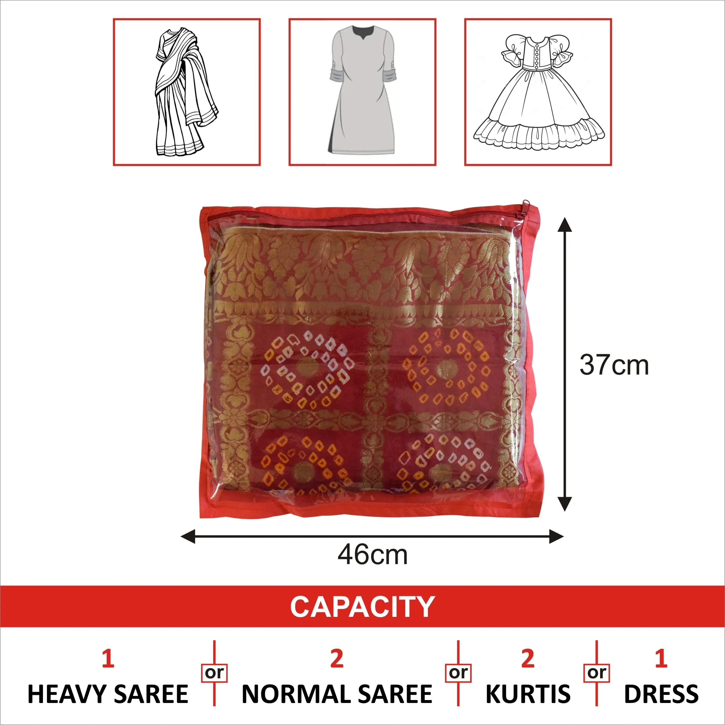 Homestic Foldable Single saree covers with Zip|Saree Storage Bags|Clothes Organiser for wardrobe Pack of 12|Transparent Top With Premium Zipper|Red|