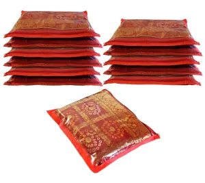 Homestic Foldable Single saree covers with Zip|Saree Storage Bags|Clothes Organiser for wardrobe Pack of 12|Transparent Top With Premium Zipper|Red|