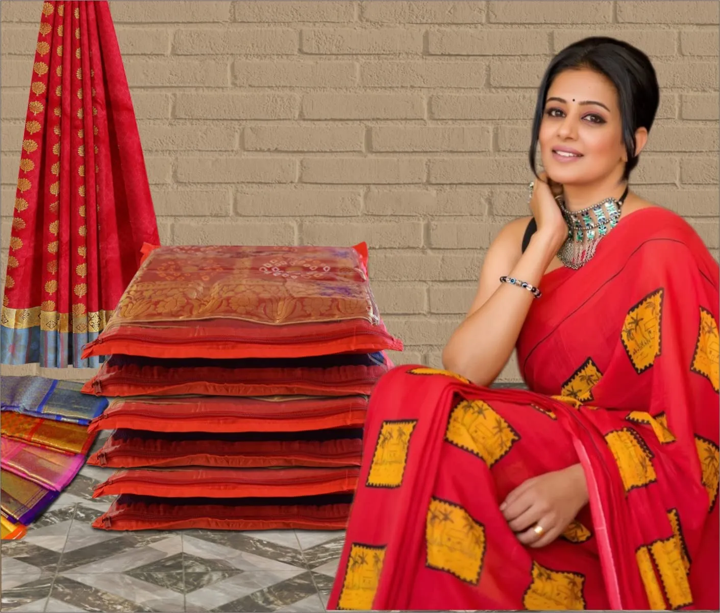 Homestic Foldable Single saree covers with Zip|Saree Storage Bags|Clothes Organiser for wardrobe Pack of 12|Transparent Top With Premium Zipper|Red|
