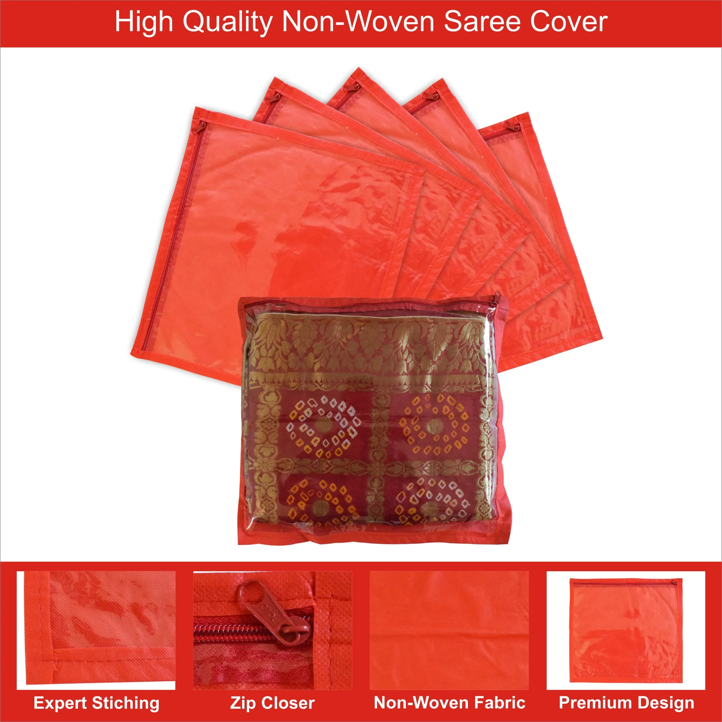 Homestic Foldable Single saree covers with Zip|Saree Storage Bags|Clothes Organiser for wardrobe Pack of 12|Transparent Top With Premium Zipper|Red|
