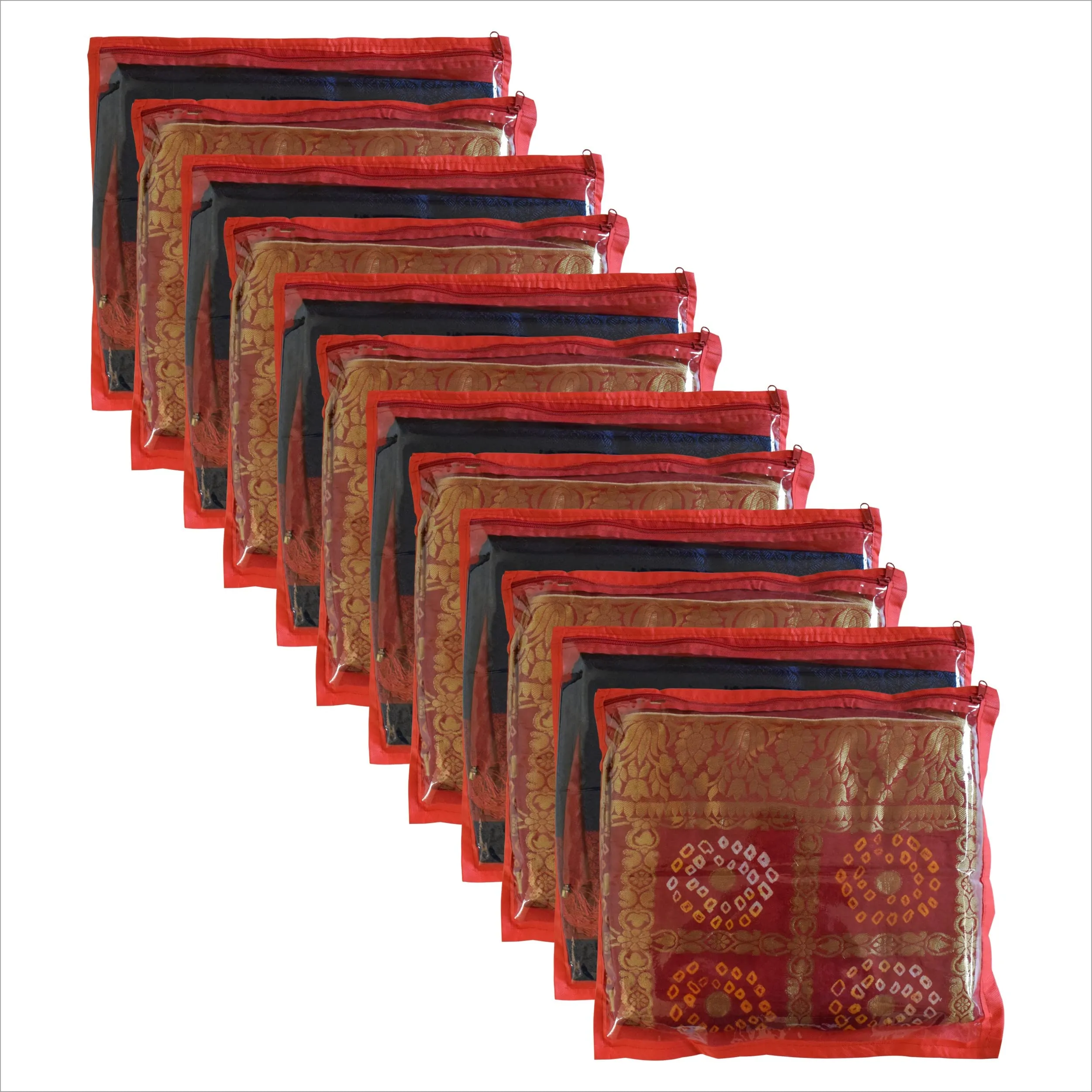 Homestic Foldable Single saree covers with Zip|Saree Storage Bags|Clothes Organiser for wardrobe Pack of 12|Transparent Top With Premium Zipper|Red|