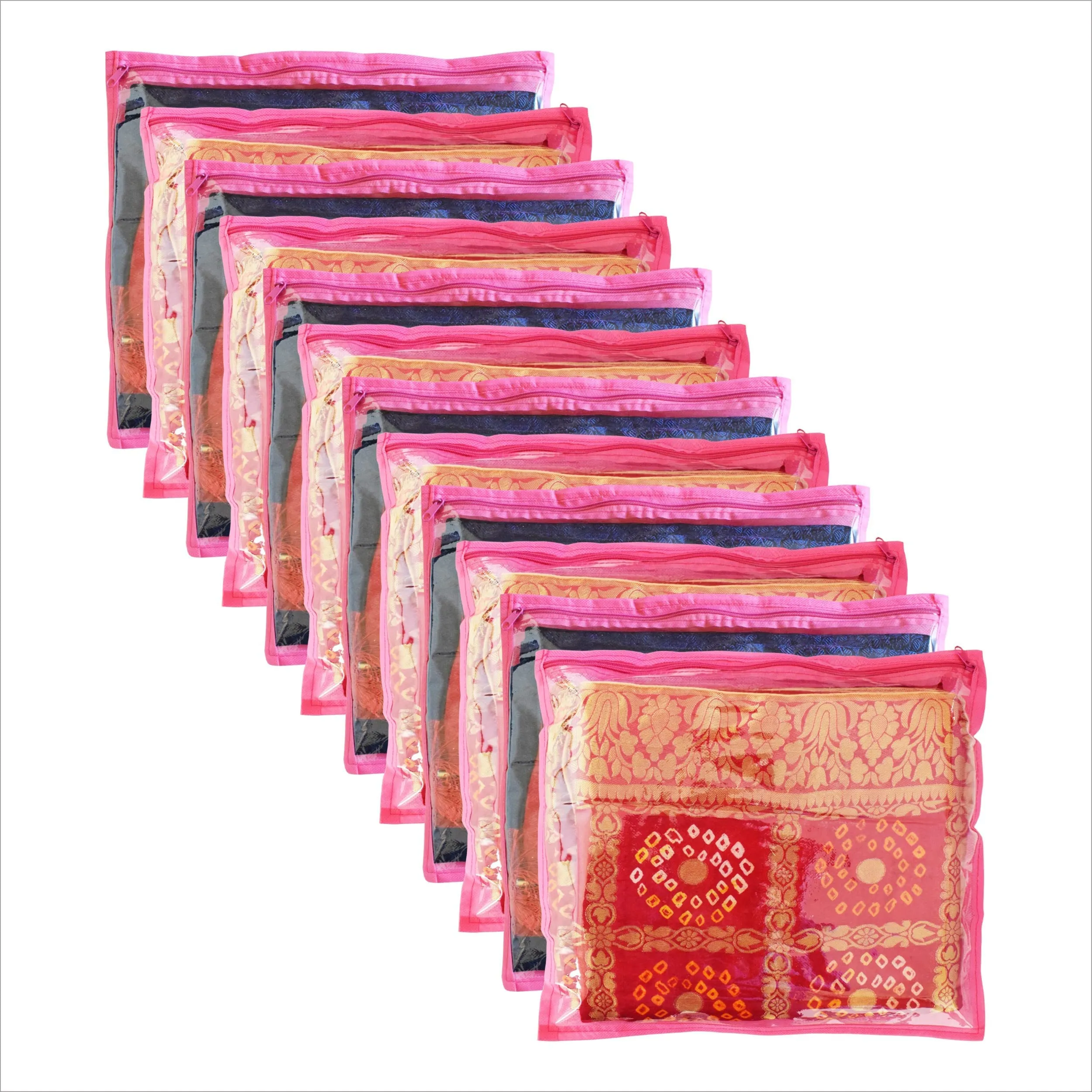 Homestic Foldable Single saree covers with Zip|Saree Storage Bags|Clothes Organiser for wardrobe Set of 12|Transparent Top With Premium Zipper|Pink
