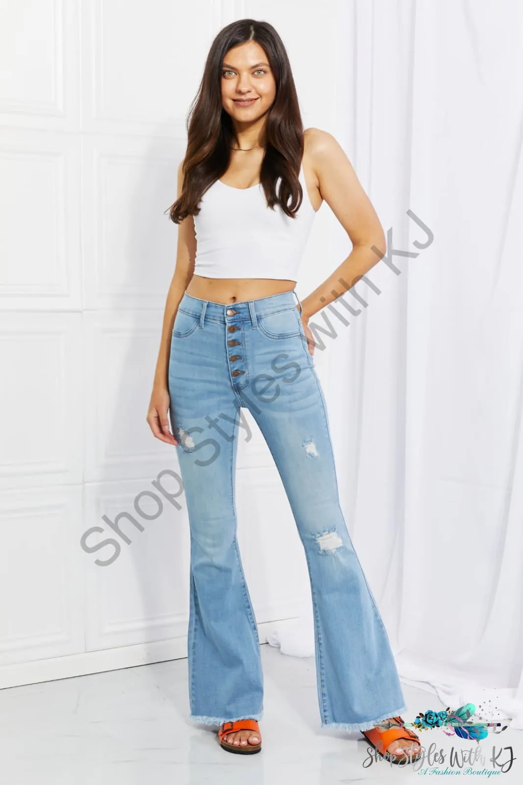 Jess High Rise Button Flare Jeans
