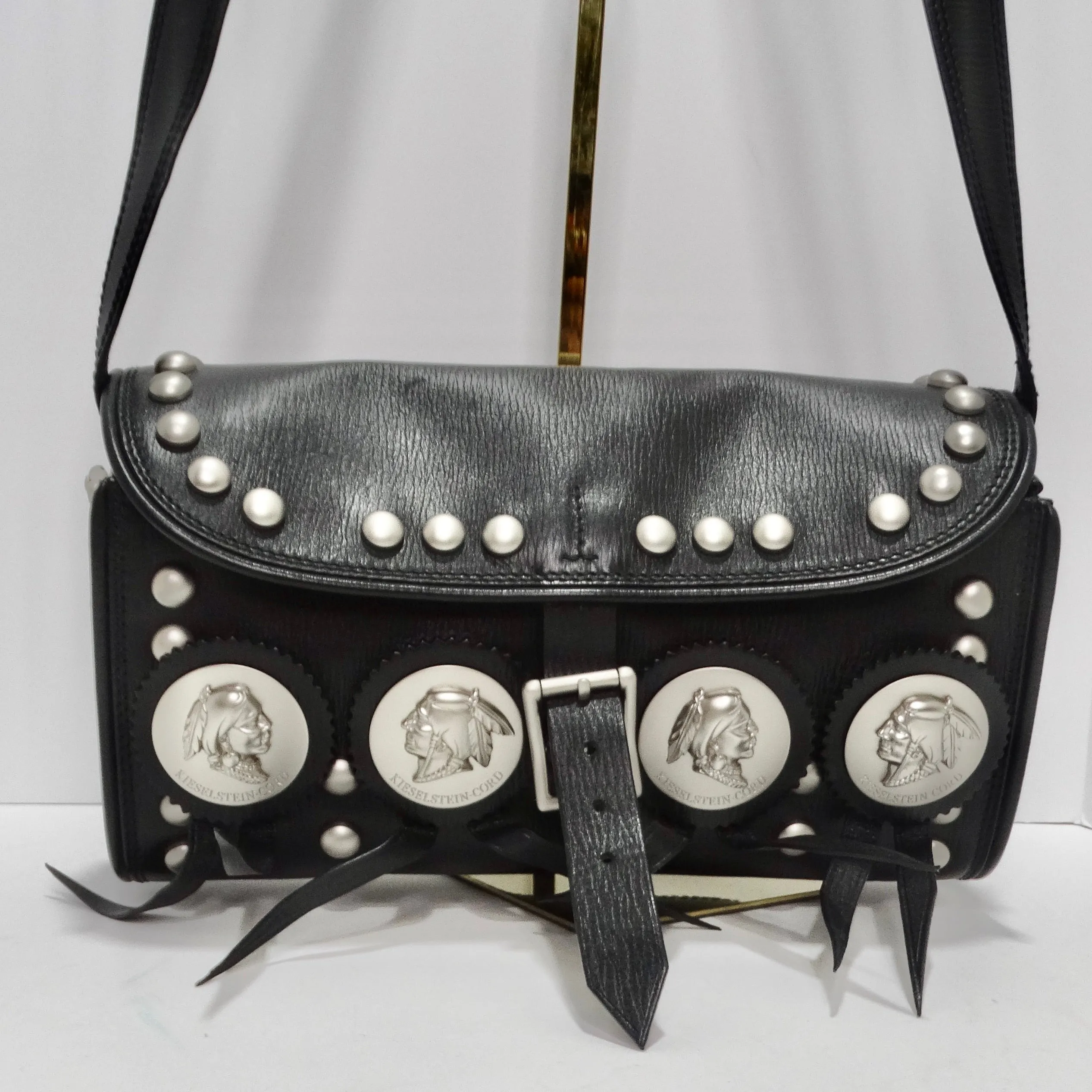 Kieselstein-Cord Black Leather Silver Twin Coin Messenger Bag