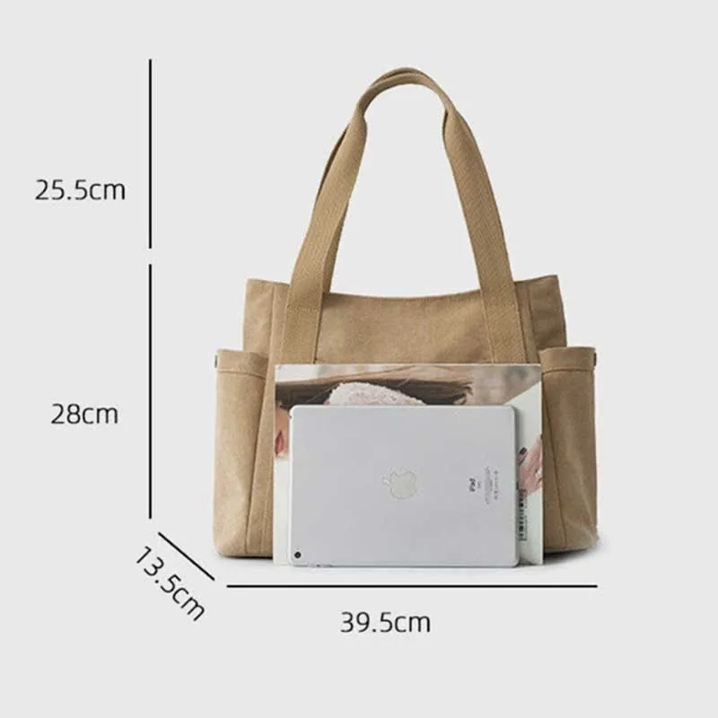 Large Capacity Canvas Shoulder Tote Bag Multiple Pocket Handbag Shopping Bag