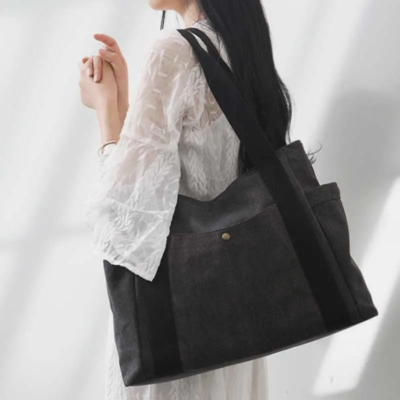 Large Capacity Canvas Shoulder Tote Bag Multiple Pocket Handbag Shopping Bag